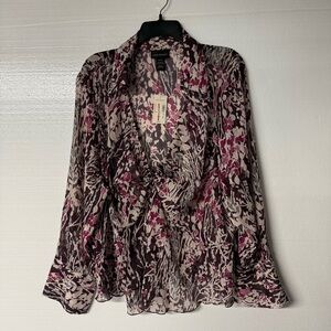 Lane Bryant Blouse Women 22/24 Purple Deep V Neck Floral Fairy Sheer Long Sleeve